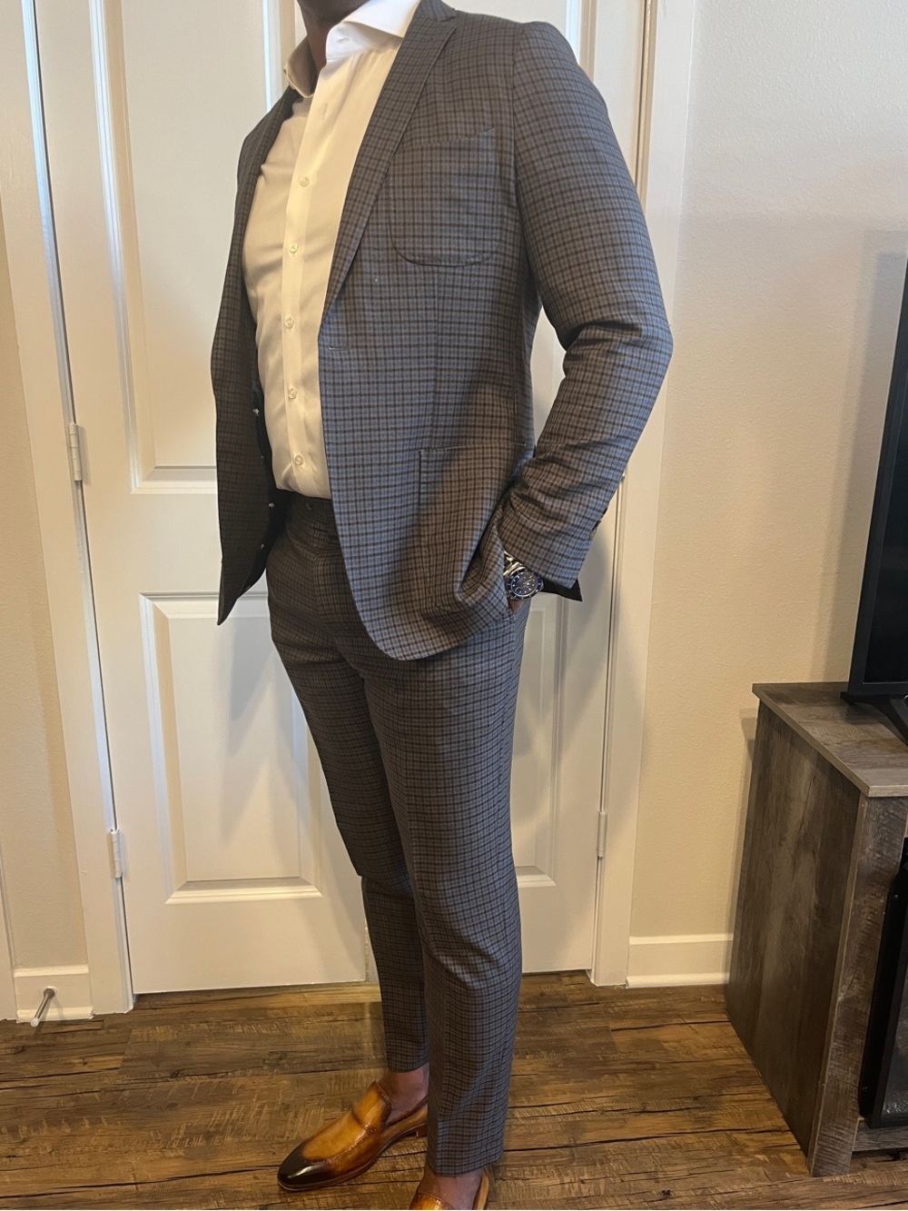 Indochino CUSTOM - Brown & Blue Windowpane FULL Suit - Classic Tailored Fit